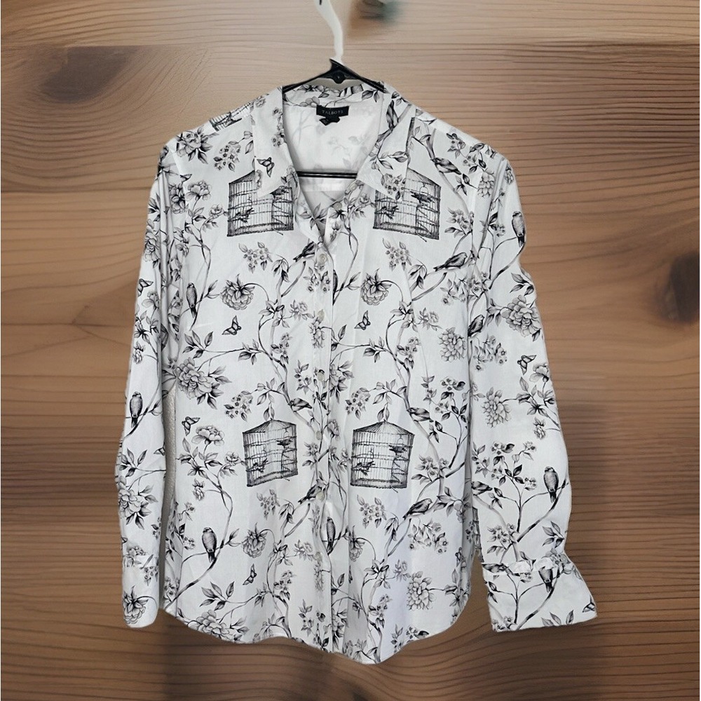 Talbots Button-up Blouse Women's Medium Bird Flower Print‎ 100% Cotton White/Blk